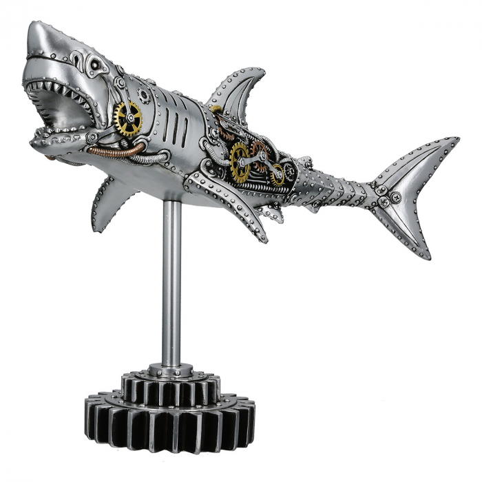 Figurină, Rechin, Steampunk Shark, Motiv roată dințată, Polirășină, argintiu, PU 1, L. 12 cm, L. 38 cm, H. 29,5 cm [1]