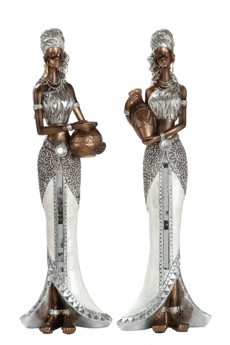 Set 2 figurine asortate Sahel, rasina, maro argintiu, 9,5x6x32 cm