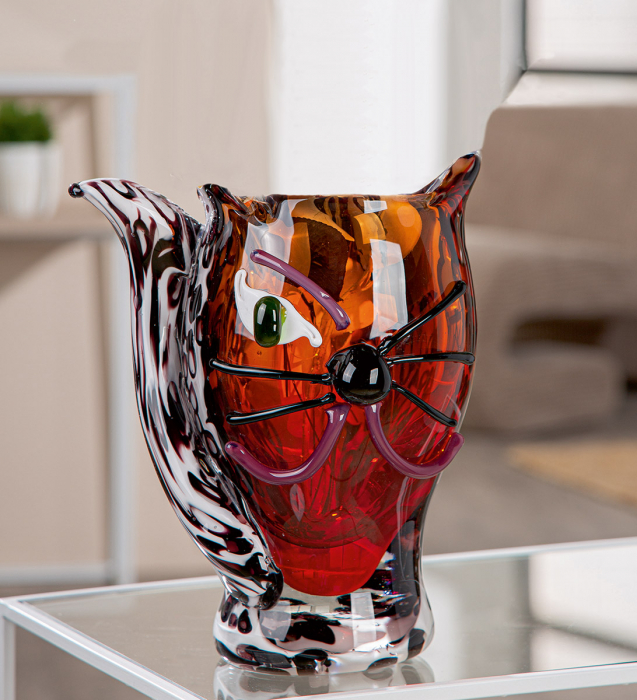 Glass Art, Vază cu față, Pisică, „Pisică”, Sticlă, maro, PU 1, L. 16 cm, L. 23 cm, H 27 cm [5]