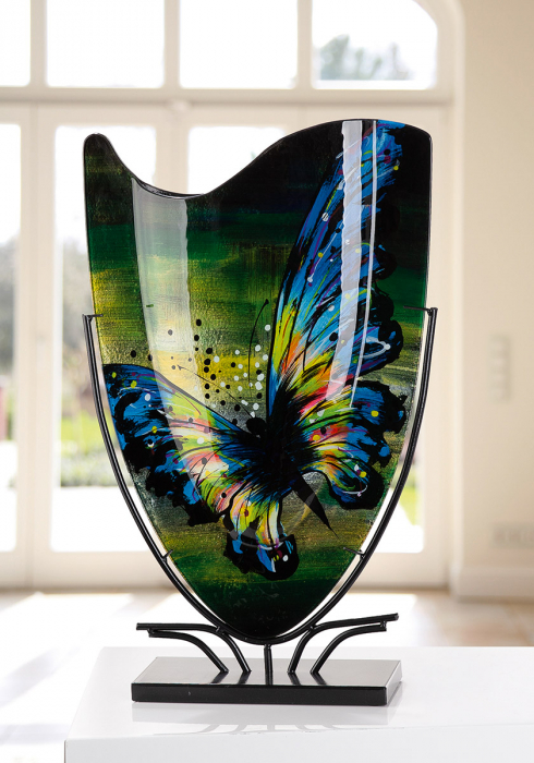 Glass Art, Vază, dreptunghiulară, motiv fluture, sticlă, albastru, verde, PU 1, L. 11 cm, l. 35 cm, H 57 cm [4]