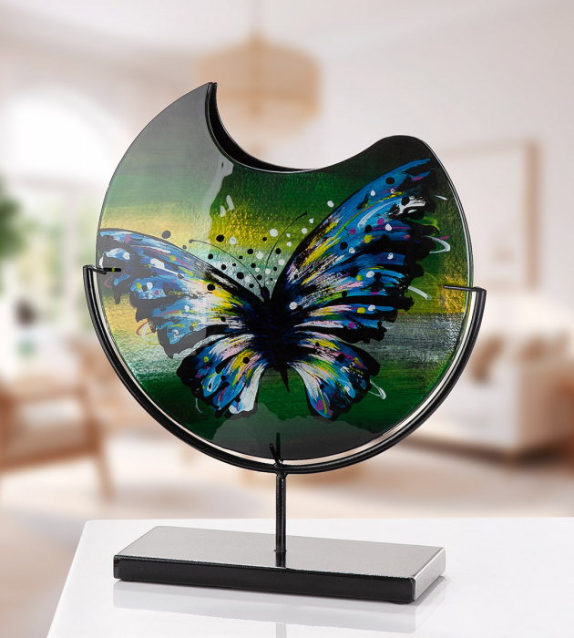 Glass Art, Vază, rotundă, motiv fluture, sticlă, albastru, verde, PU 1, L. 10 cm, l. 33 cm, H 39 cm [4]