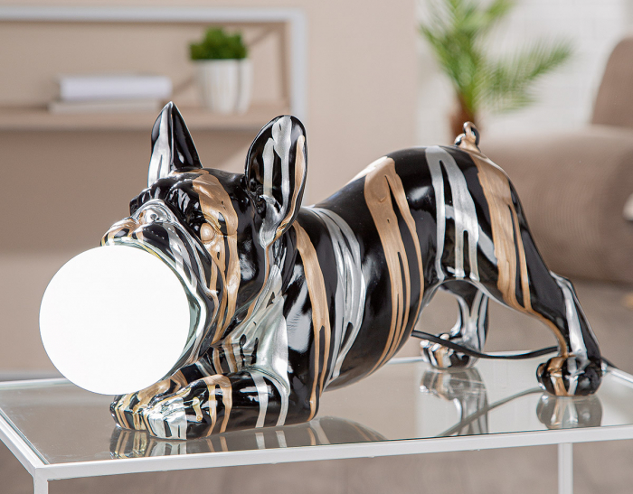 Lampă de masă, Bulldog, motiv sfere, Model liniar, Rășină sintetică, negru, PU 1, L. 19 cm, L. 48 cm, H 22 cm [7]