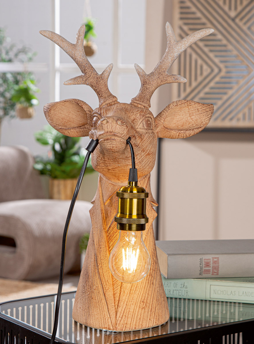 Lampa de masa, Cerb, „Cerb domn”, Rasina sintetica, maro, PU 1, L. 22,5 cm, L. 27 cm, H 45 cm [1]