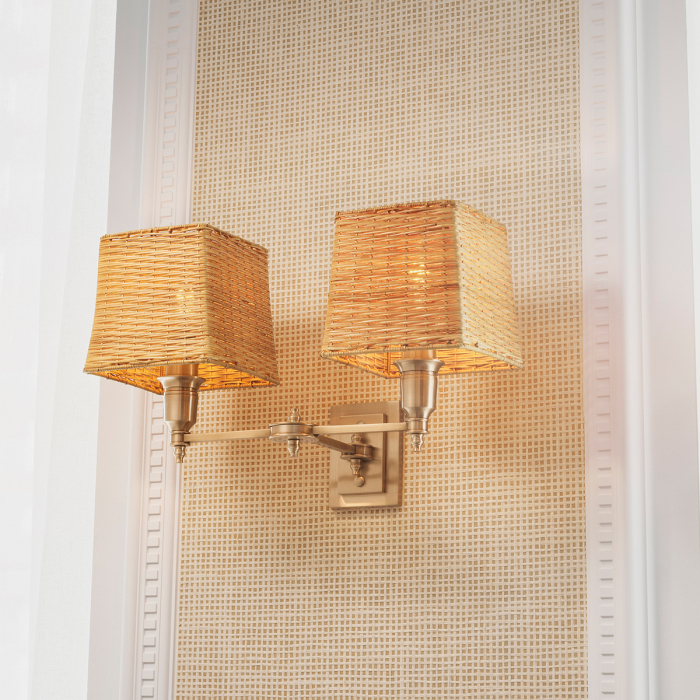 Lampa de perete Lexington cu finisaj dublu din alama antica, Abajurul este inclusuri din ratan |W. 40 | D. 23 | H. 27 cm  [2]