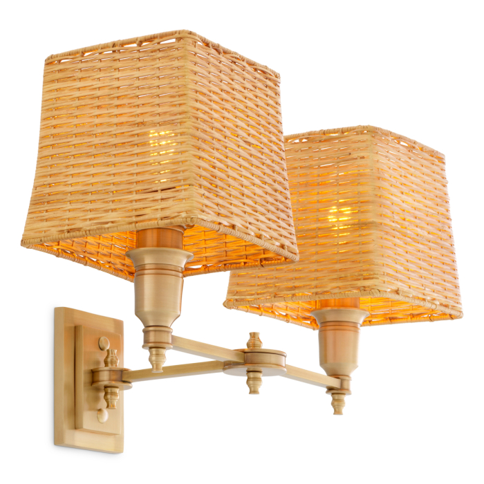 Lampa de perete Lexington cu finisaj dublu din alama antica, Abajurul este inclusuri din ratan |W. 40 | D. 23 | H. 27 cm  [1]