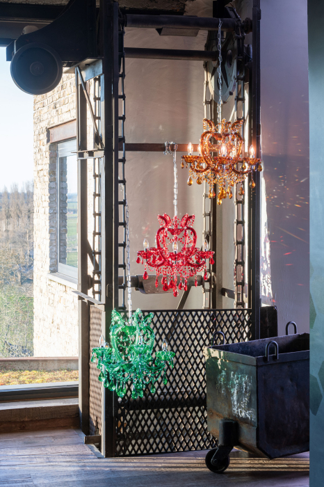 Lampa de tavan/ candelabru, sticla antica, rosu [1]