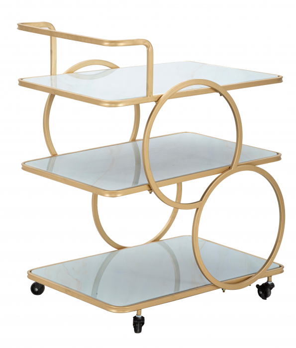 Masuta de servire pe roti Glass, Fier/MDF/Sticla, Auriu/Multicolor, 79x64x46 cm [5]