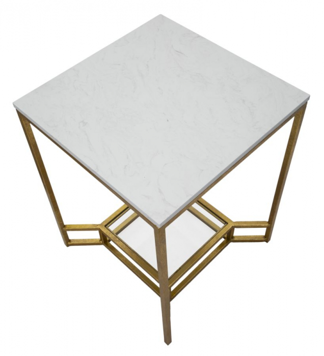 Masuta, fier/sticla/marmura artificiala, auriu/alb, 47X47X60 cm [6]