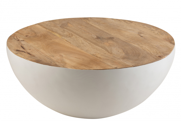 Masuta Round Mango, Metal Lemn, Alb Natural, 90x90x38 cm