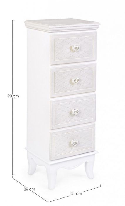 Noptiera Charlene cu 4 sertare, Lemn, Alb, 31x26x90 cm [2]