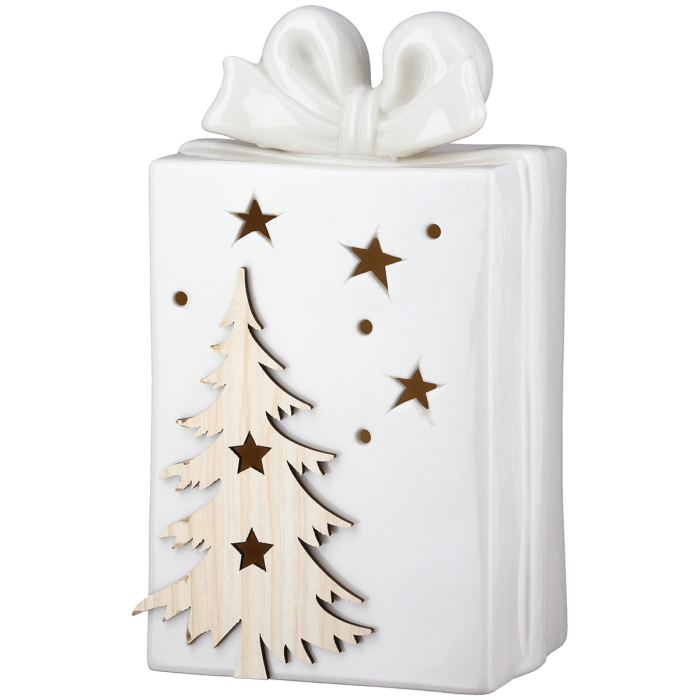 Obiect decorativ (LED), Cadou, „Iarna”, motiv de brad de Craciun, Portelan, alb, PU 4, L. 7,5 cm, L. 10,5 cm, H 18 cm [3]