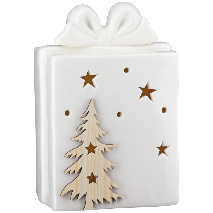 Obiect decorativ (LED), Cadou, „Iarna”, motiv de brad de Craciun, Portelan, alb, PU 4, L. 7,5 cm, L. 10 cm, H 14,5 cm [3]