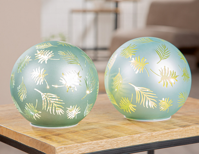 Obiect decorativ (LED), rotund, motiv frunze, sticlă, verde, PU 2, H 14 cm, D 15 cm [4]