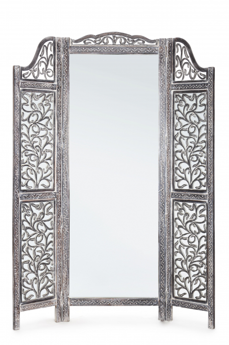 Paravan cu oglinda Ajala, Lemn MDF Sticla, Gri, 130×2.5×180 cm 130x2.5x180