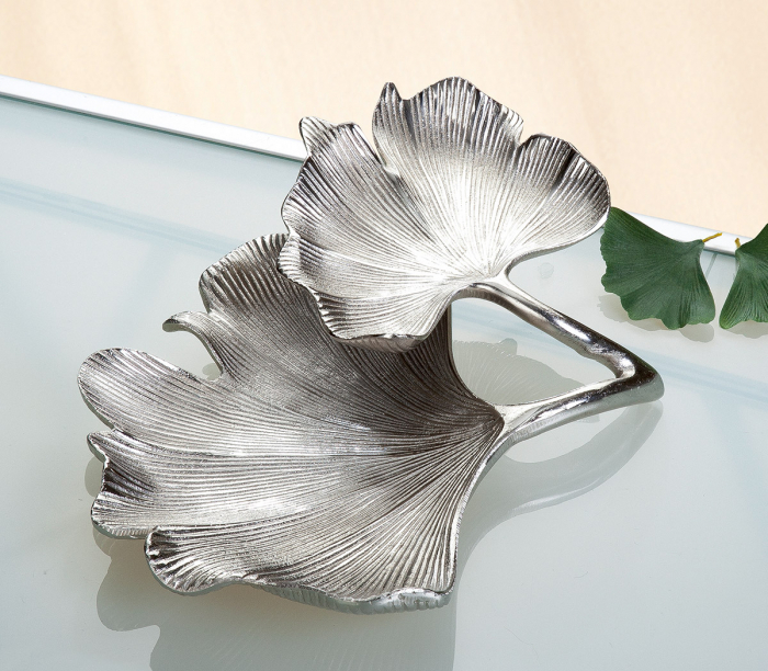 Platou decorativ dublu Ginkgo, aluminiu, argintiu, 34x9.5x30 cm