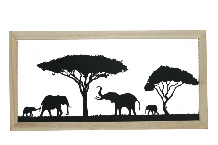 Relief de perete, dreptunghiular, Savannah, Motiv copac, motiv elefant, Metal, negru, PU 3, L. 1 cm, L. 30 cm, H. 60 cm [1]