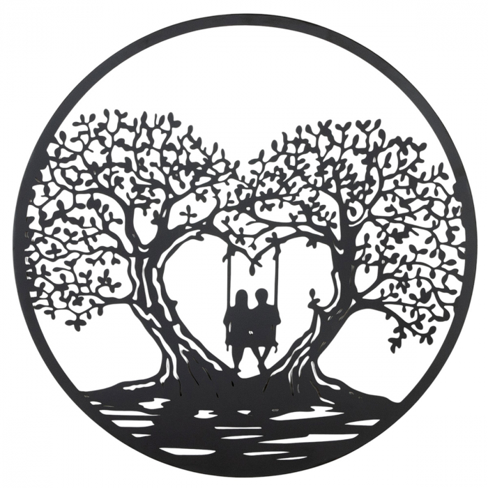 Relief de perete, rotund, Leagăn inimă, Motiv copac, motiv inimă, motiv cuplu, Metal, negru, PU 2, L. 1 cm, D. 80 cm [1]