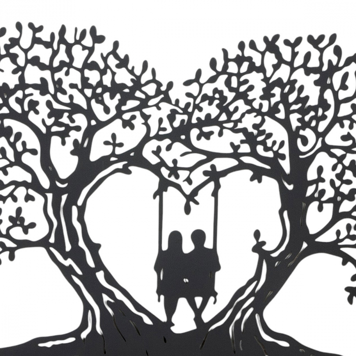 Relief de perete, rotund, Leagăn inimă, Motiv copac, motiv inimă, motiv cuplu, Metal, negru, PU 2, L. 1 cm, D. 80 cm [2]