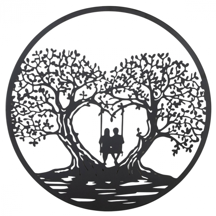 Relief de perete, rotund, Leagăn inimă, Motiv copac, motiv inimă, motiv cuplu, Metal, negru, PU 2, L. 1 cm, D. 80 cm [3]
