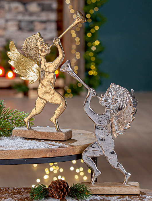 Relief pe suport, ingeri, „inger mic”, lemn de mango, auriu, argintiu, PU 4, 2 asortate, L. 5 cm, l. 17 cm, H 29 cm [1]