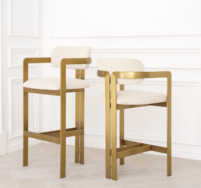 Scaun de bar, Donato cu finisaj alamă, crem bouclé, Dims: W. 53 | D. 53.5 | H. 107 | SD. 44 | SH. 78.5 | AH. 96.5  (CM) [2]