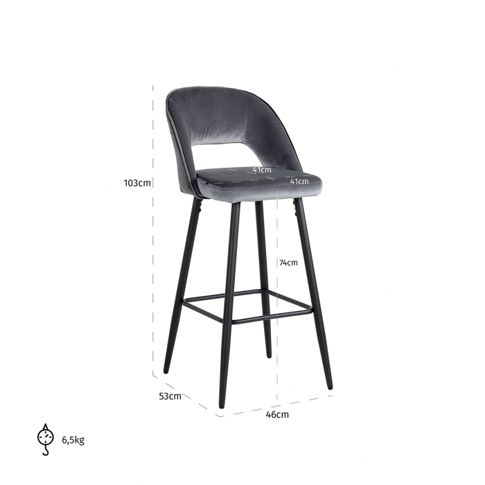 Scaun de bar Luna, Lemn/Panza/Otel inoxidabil, Gri/Negru, 103x46x53 cm [3]