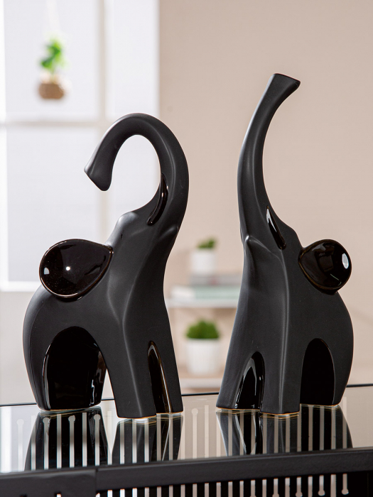 Sculptură, Elefant, Bully, Ceramica, negru, PU 4, 2 buc. asortate, L. 8 cm, L. 14 cm, H. 25 cm [4]