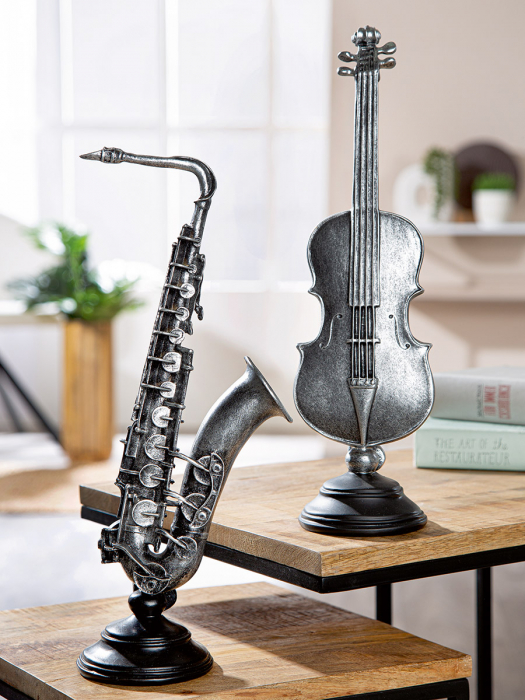 Sculptură, Violoncello & Saxofon, Polirășină, argintie, PU 2, 2 buc. asortate, L. 10 cm, L. 14,5 cm, H. 36,5 cm [7]