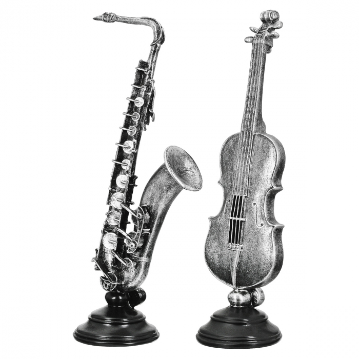 Sculptură, Violoncello & Saxofon, Polirășină, argintie, PU 2, 2 buc. asortate, L. 10 cm, L. 14,5 cm, H. 36,5 cm [1]