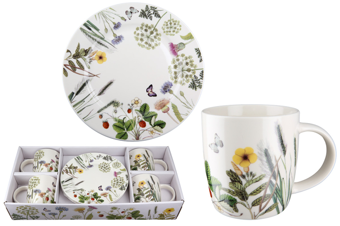 Serviciu de masa, "Wild Flowers", Design floral, Portelan, verde, alb, Setul consta din 4 cești și 4 farfurii | Ceașca: L 12.5 x H 9 x A 8.7 cm| Farfurie: D 19.2 x H 1.4 cm [2]