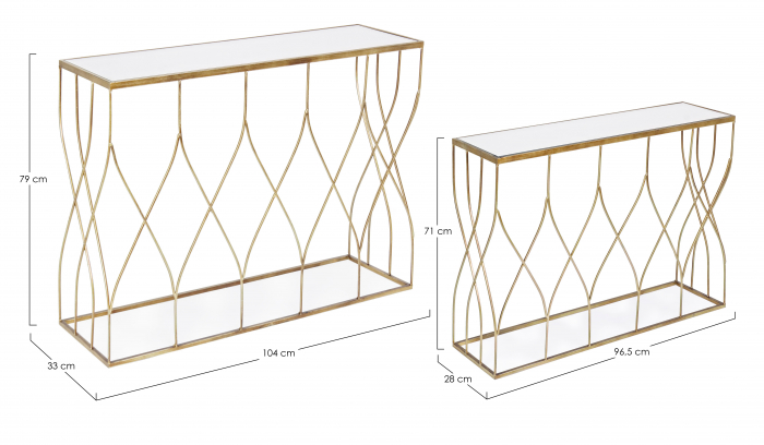 Set 2 console Elenor, Otel/Sticla, Auriu/Oglinda, 96.5/104x28/33x71/79 cm [3]