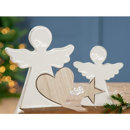 Set 2 decoratiuni Angel Calgary, Portelan Lemn, Alb Maro, 2x9x11 cm