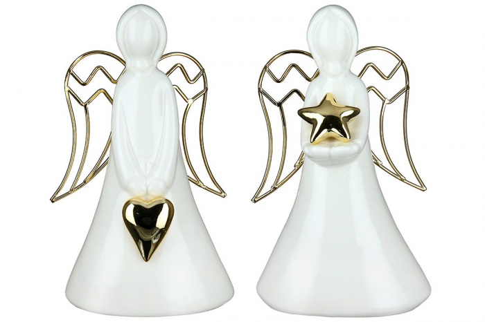 Set 2 decoratiuni Angel with Star, Ceramica, Alb Auriu, 8x12x20.5 cm GILDE imagine noua elgreco.ro