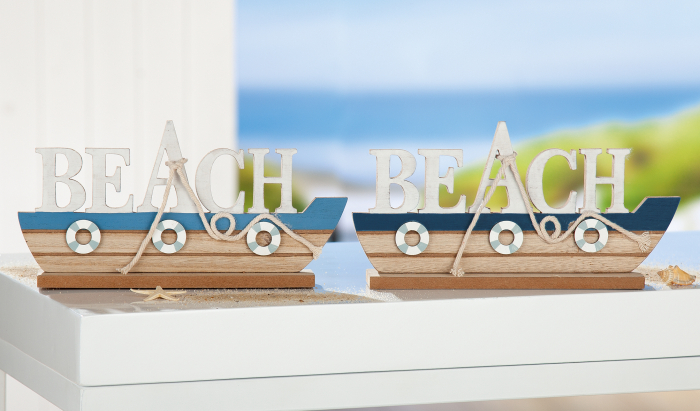 Set 2 decoratiuni Beach Boat, MDF, maro albastru, 24x12x4 cm