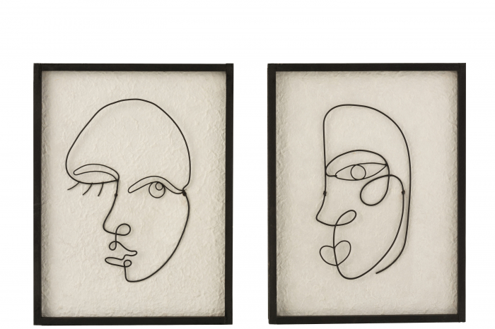 Set 2 decoratiuni de perete Faces, Lemn, Bej Negru, 31.5x2.5x41 cm