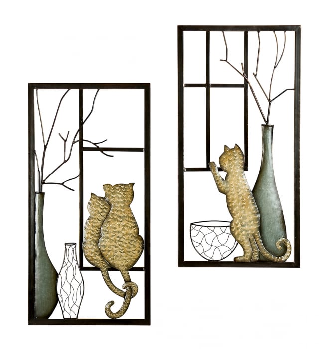 Set 2 decoratiuni de perete VASE AND CAT, metal, 40 x 2 x 80 cm [1]