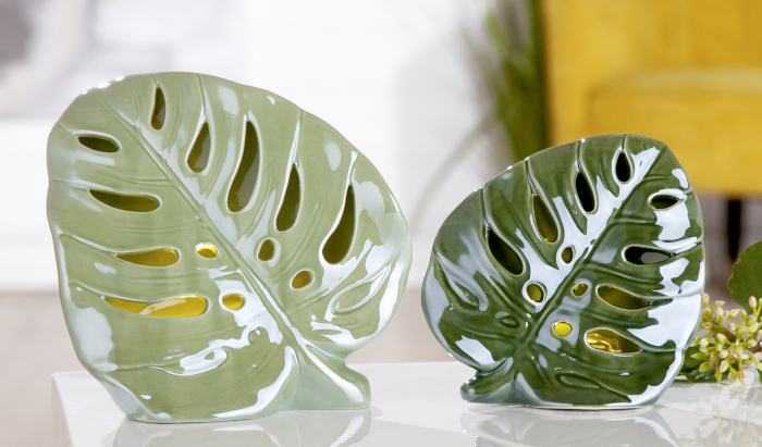 Set 2 decoratiuni frunza Monstera, portelan, verde, 13x13x6 cm