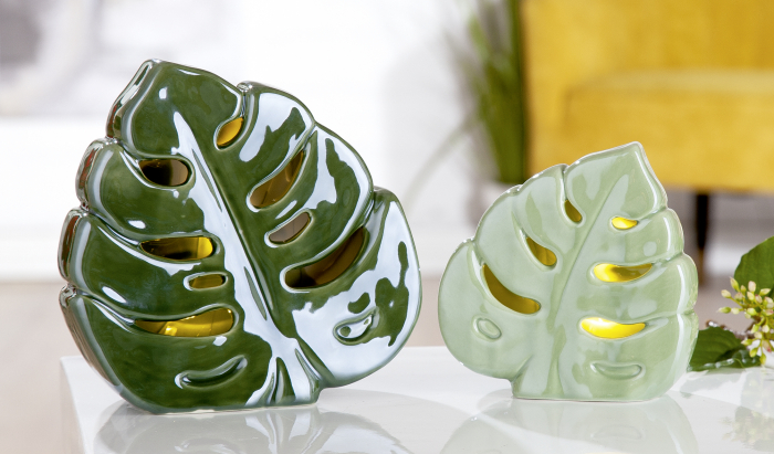 Set 2 decoratiuni frunza Monstera, portelan, verde, 17x17x5 cm