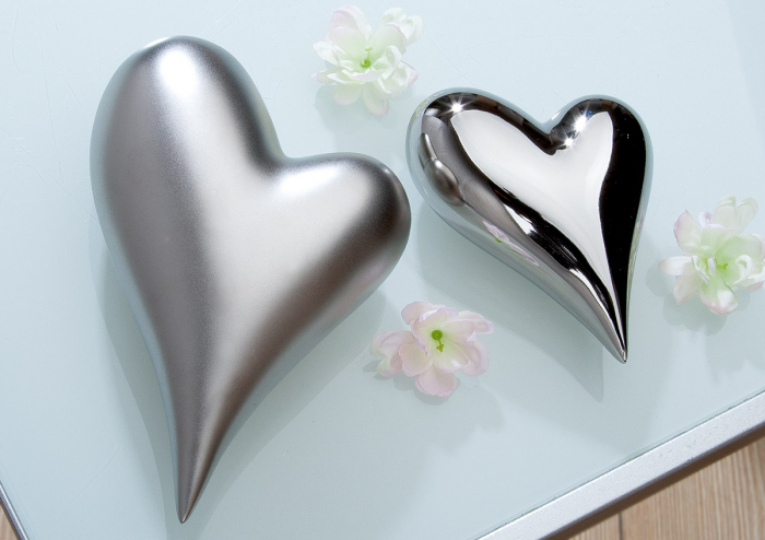 Set 2 decoratiuni inima, ceramica, argintiu, 8.5x4x11 cm