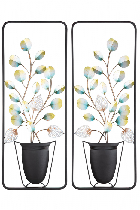 Set 2 decoratiuni pentru perete Flower Pot, Metal, Multicolor, 2x37x94 cm