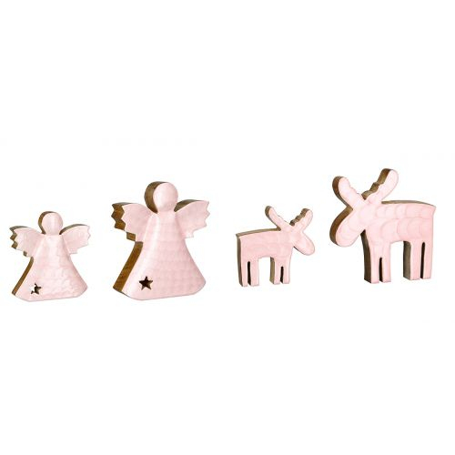 Set 2 decoratiuni Raindeer, Lemn, Roz Maro, 14x15 cm