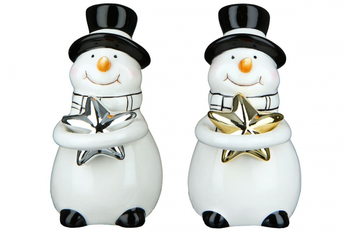 Set 2 decoratiuni Snowman Starshine, Ceramica, Alb Negru, 5.3×6.5×10 cm GILDE