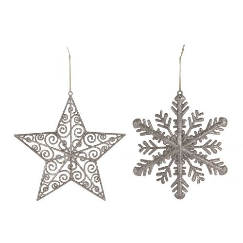 Set 2 decoratiuni Star+Snowflake, Sintetic, Argintiu, 30x30x30 cm