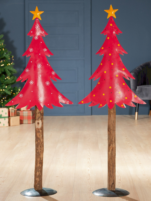 Set 2 decoratiuni X mas Tree, metal lemn, 42x22x113 cm