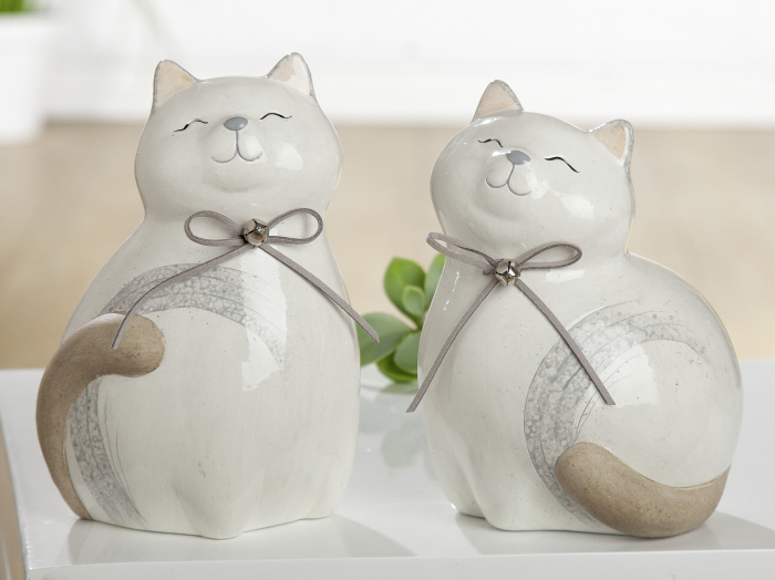 Set 2 figurine cat Naturale, ceramica, alb crem, 13x18x11 cm