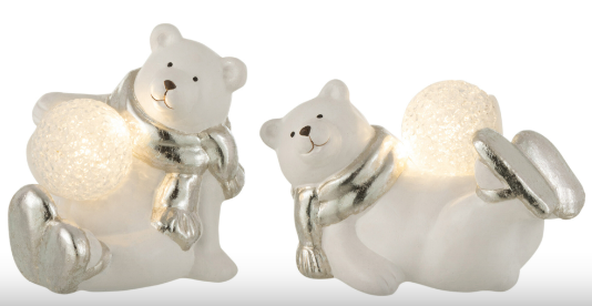 Set 2 figurine ursulet cu LED, Ceramica, Argintiu, 16x10x13