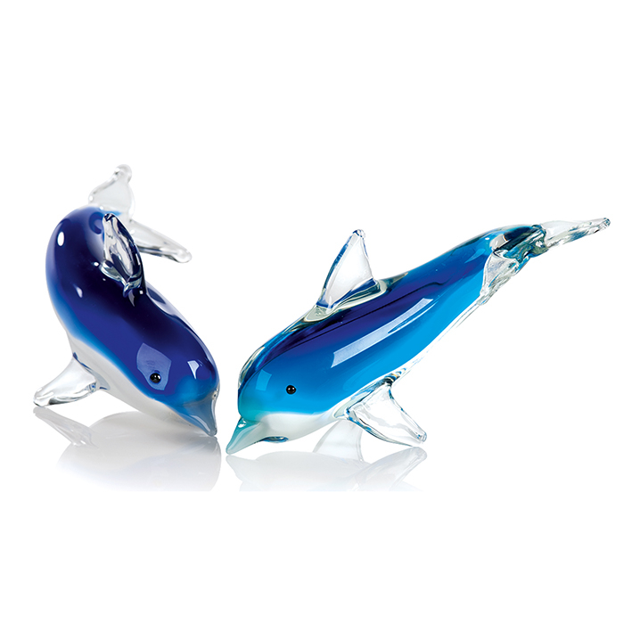 Set 2 figurine Dolphin, sticla, albastru, 17 cm