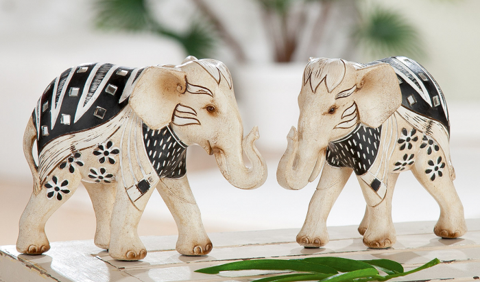 Set 2 figurine Elephant Dio, rasina, crem negru, 17x13x6 cm