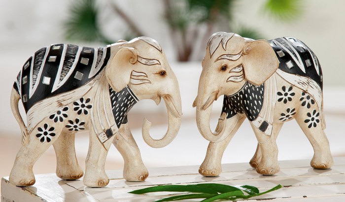 Set 2 figurine Elephant Dio, rasina, crem negru, 18x15x8 cm