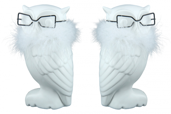 Set 2 figurine Owl cu ochelari, Ceramica, Alb, 7.5x12.5x5.5 cm